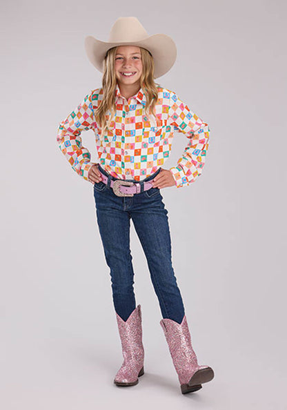 Roper Girls Long Sleeve Snap Checkers Print Rayon Wstn Blouse Western Shirt