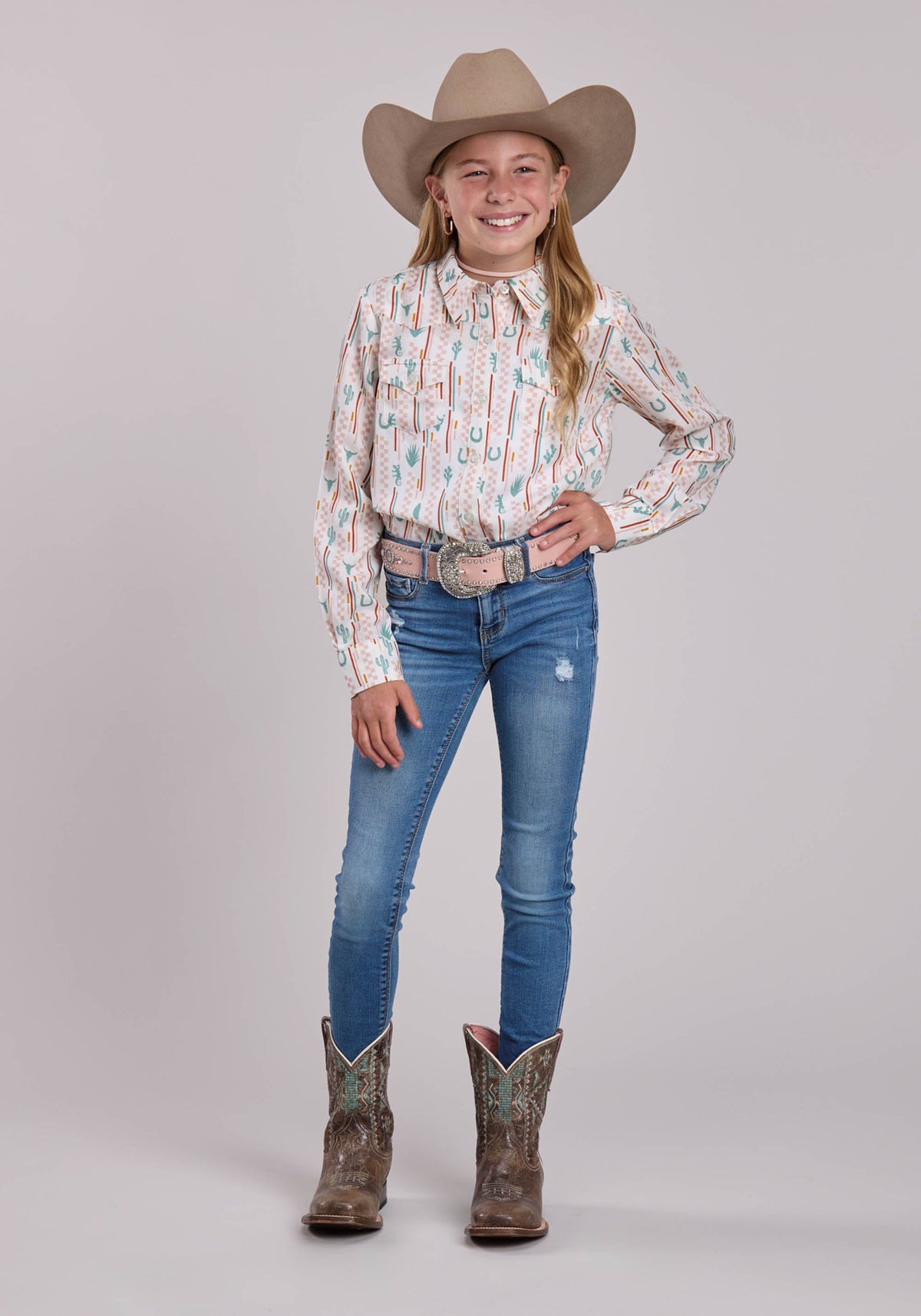 Roper Girls Roper Checkers Stripe Long Sleeve Shirt