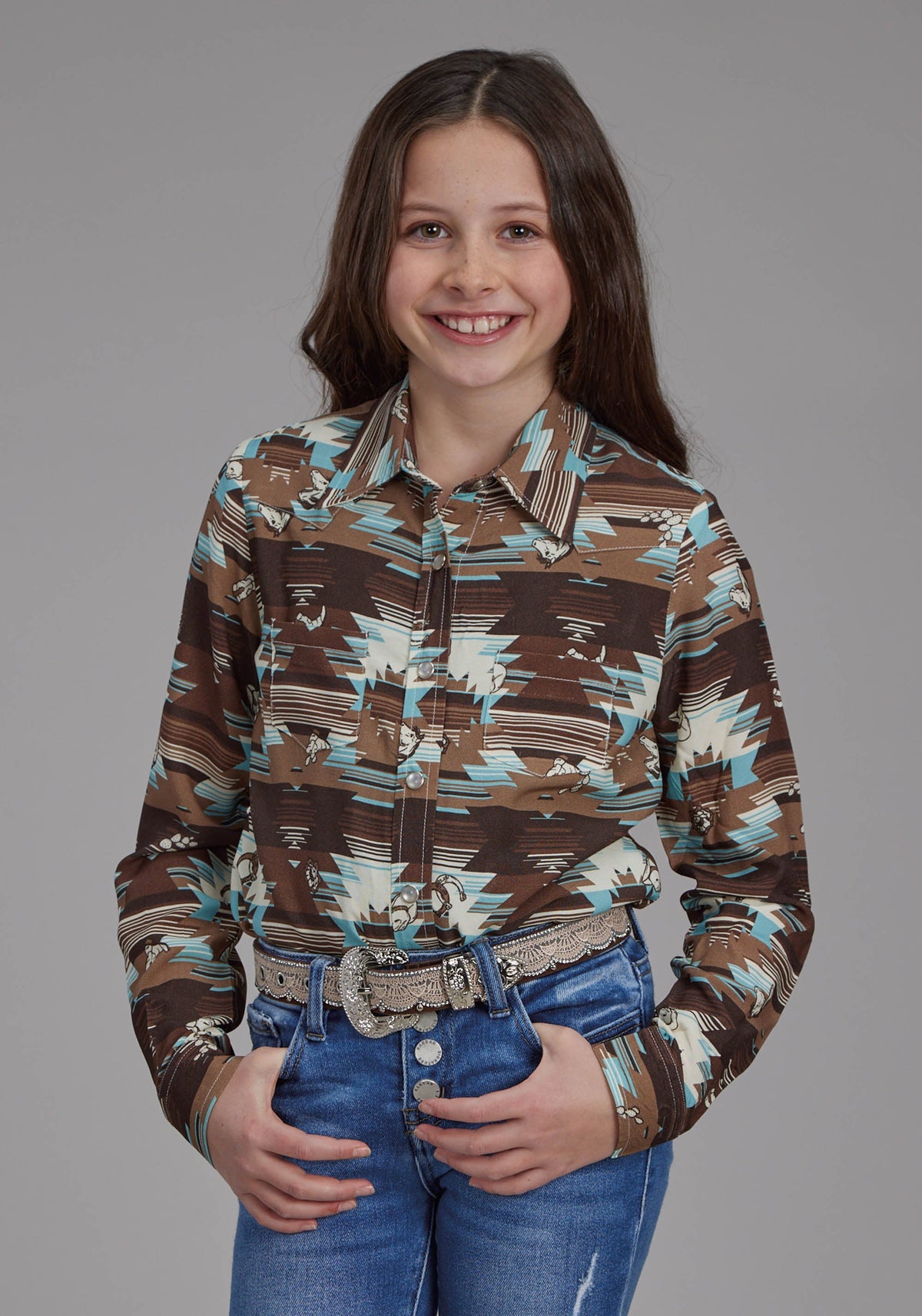 Roper Girls Icon Aztec Print Rayon Long Sleeve Snap Western Shirt
