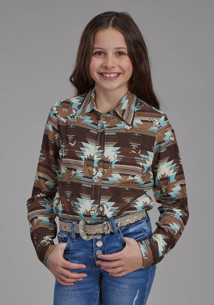 Roper Girls Icon Aztec Print Rayon Long Sleeve Snap Western Shirt