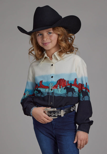 Roper Girls Western Border Printed Rayon Long Sleeve Snap Western Shirt
