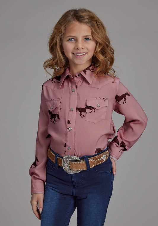 Roper Girls Wild Horses Printed Rayon Long Sleeve Snap Western Shirt
