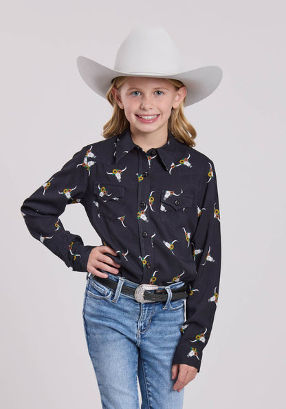 Roper Girls Long Sleeve Button Skull Print Rayon Western Blouse Western Shirt