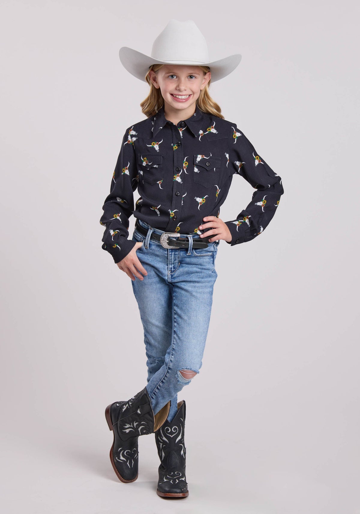 Roper Girls Long Sleeve Button Skull Print Rayon Western Blouse Western Shirt
