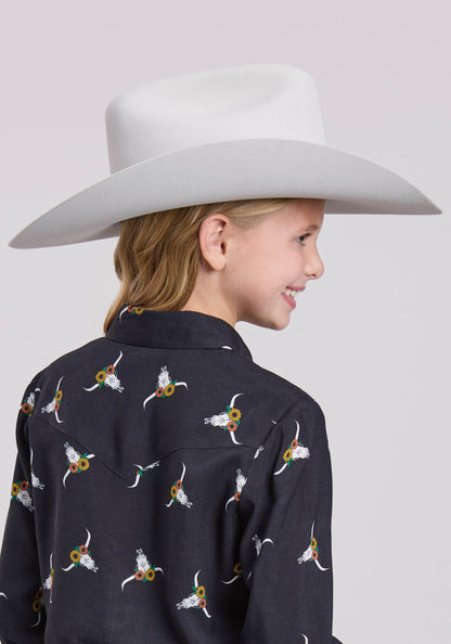 Roper Girls Long Sleeve Button Skull Print Rayon Western Blouse Western Shirt
