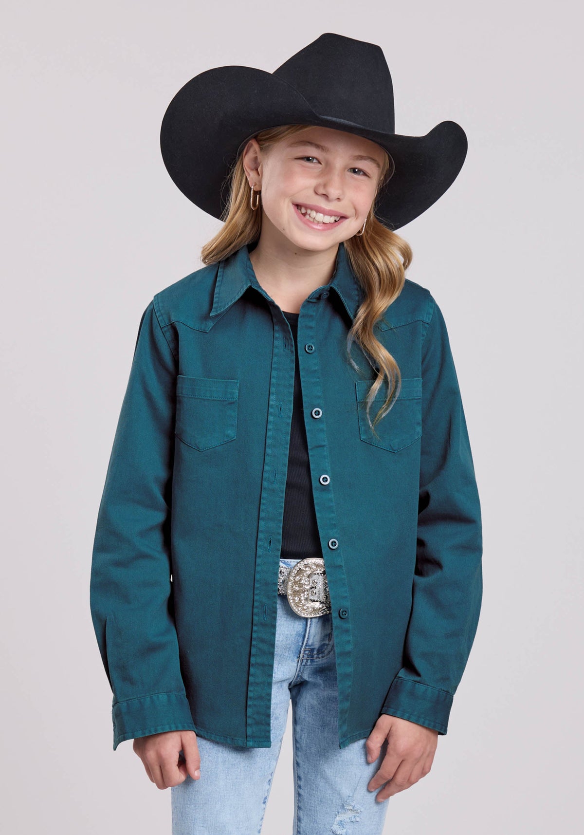 Roper Girls Long Sleeve Button Turq Pigment Dyed Wstrn Blouse Western Shirt