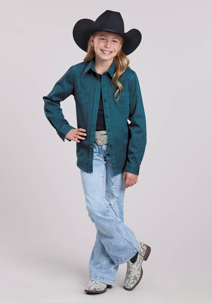Roper Girls Long Sleeve Button Turq Pigment Dyed Wstrn Blouse Western Shirt