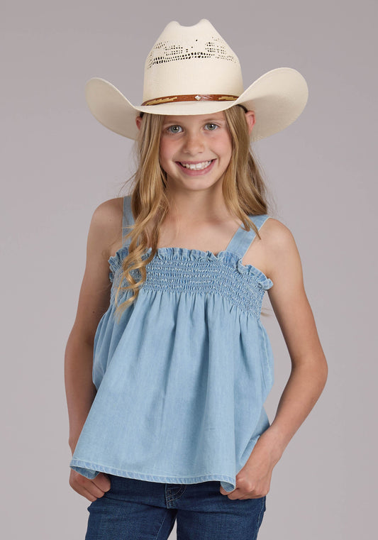 Roper Girls Light Blue Denim Babydoll Tank Sleeveless Pullover Western Shirt