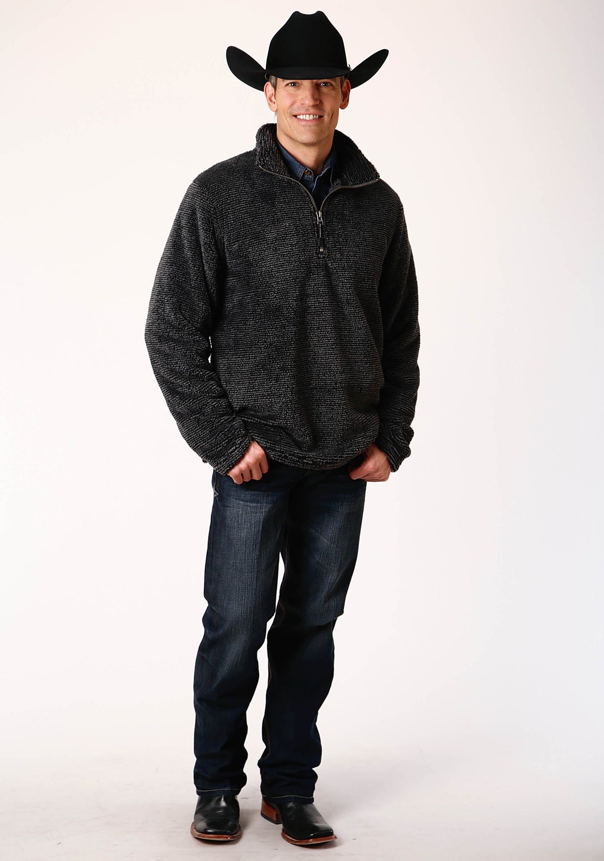 Roper Mens Gray Melange Fleece  3/4 Zip Pullover