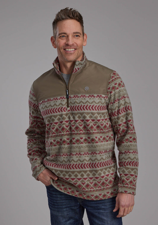 Roper Mens Red Olive Aztec Print Micro Fleece Zipper Jacket