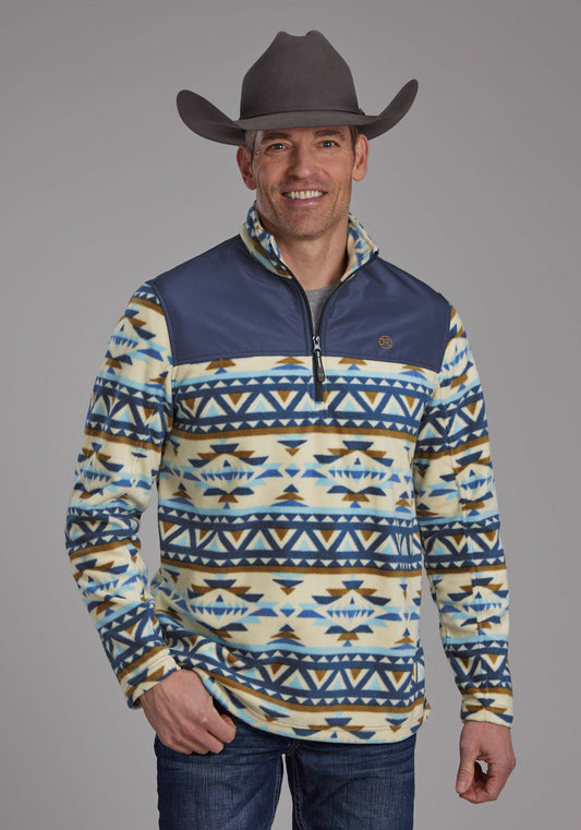 Roper Mens Cream Navy Aztec Print Micro Fleece Zipper Jacket