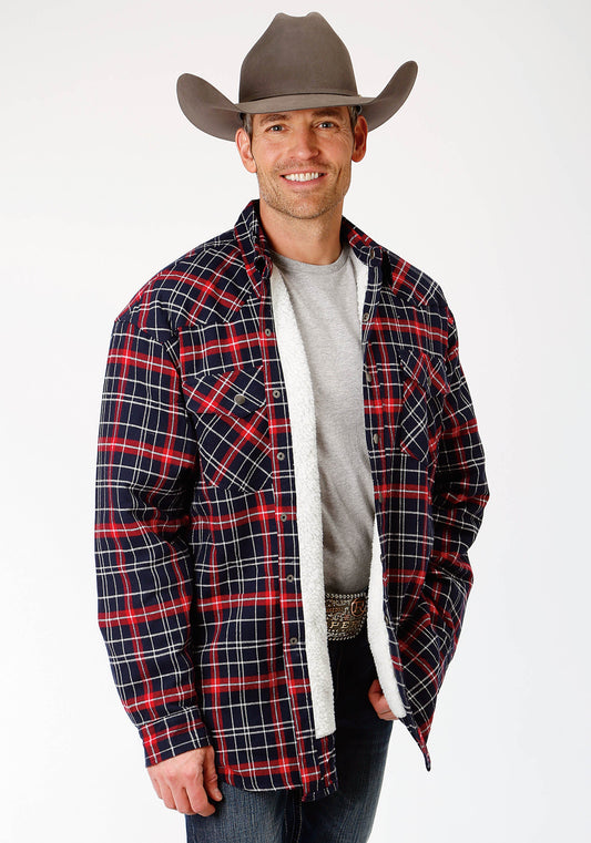 Roper Mens Red And Navy Plaid Flannel Sherpa Lined  Snap Western Shirt Jacket - T