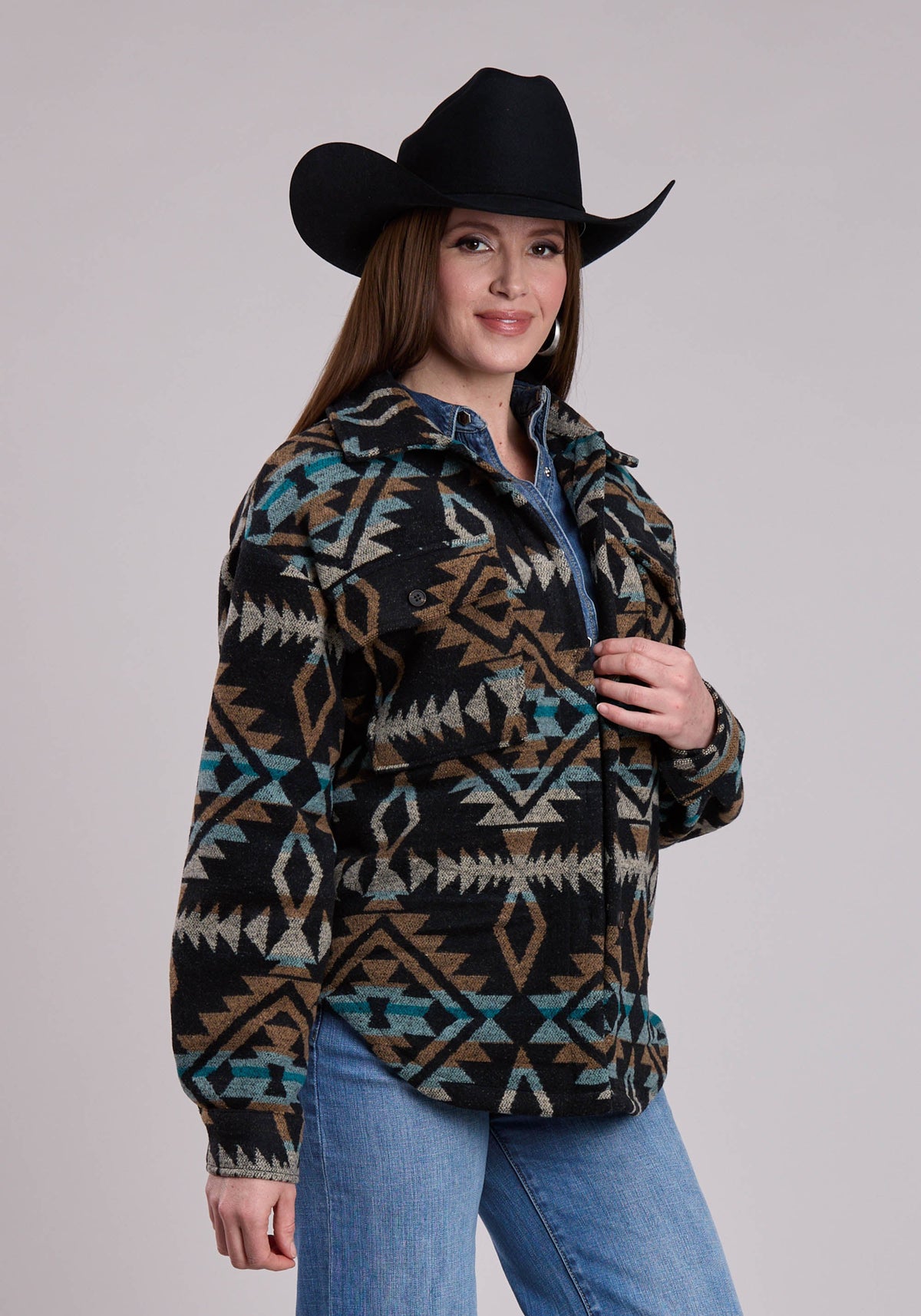 Roper Womens Roper Woven Aztec Black Turquoise  Brown Shirt Jacket