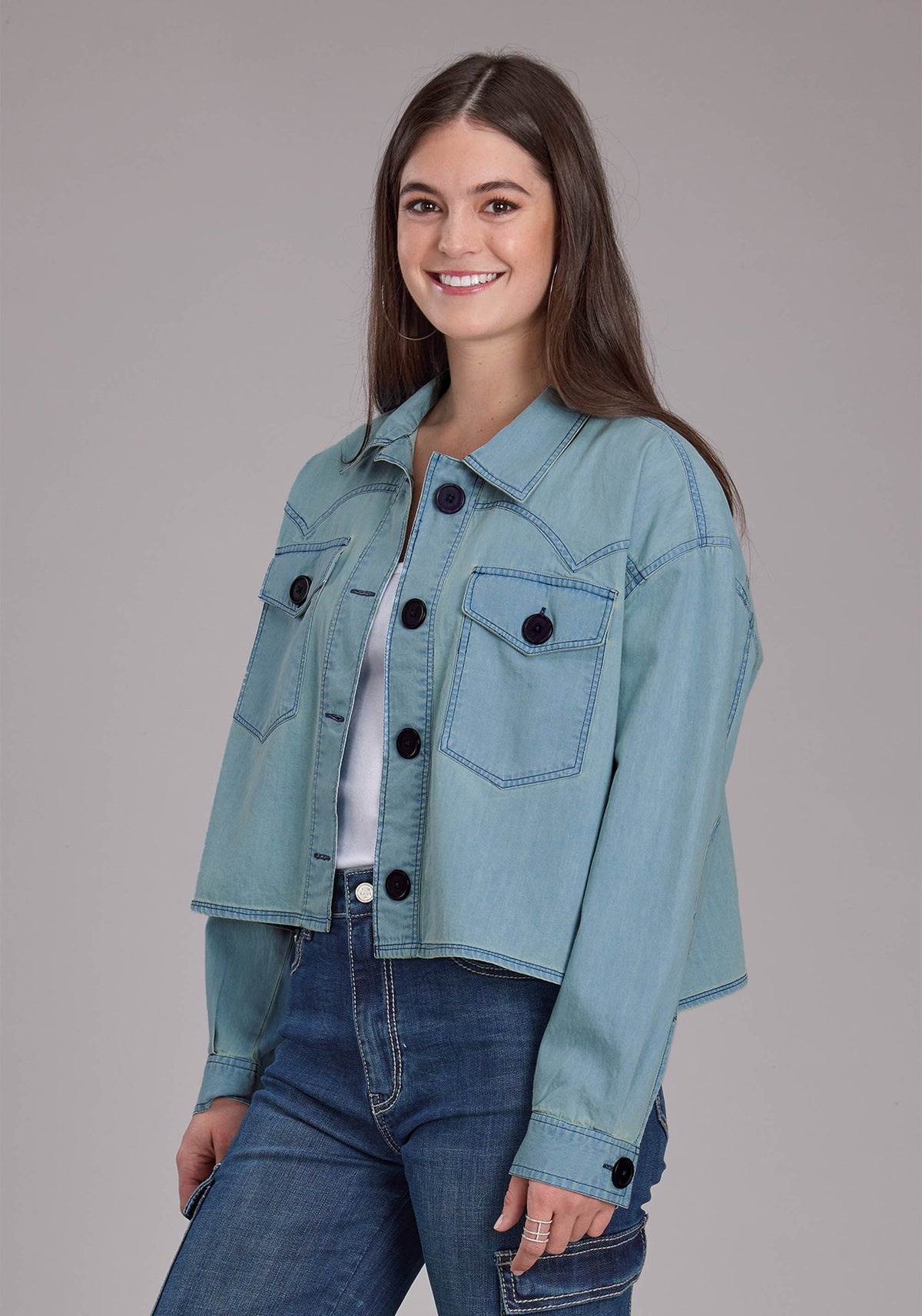 Roper Womens Light Blue Denim Button Jacket