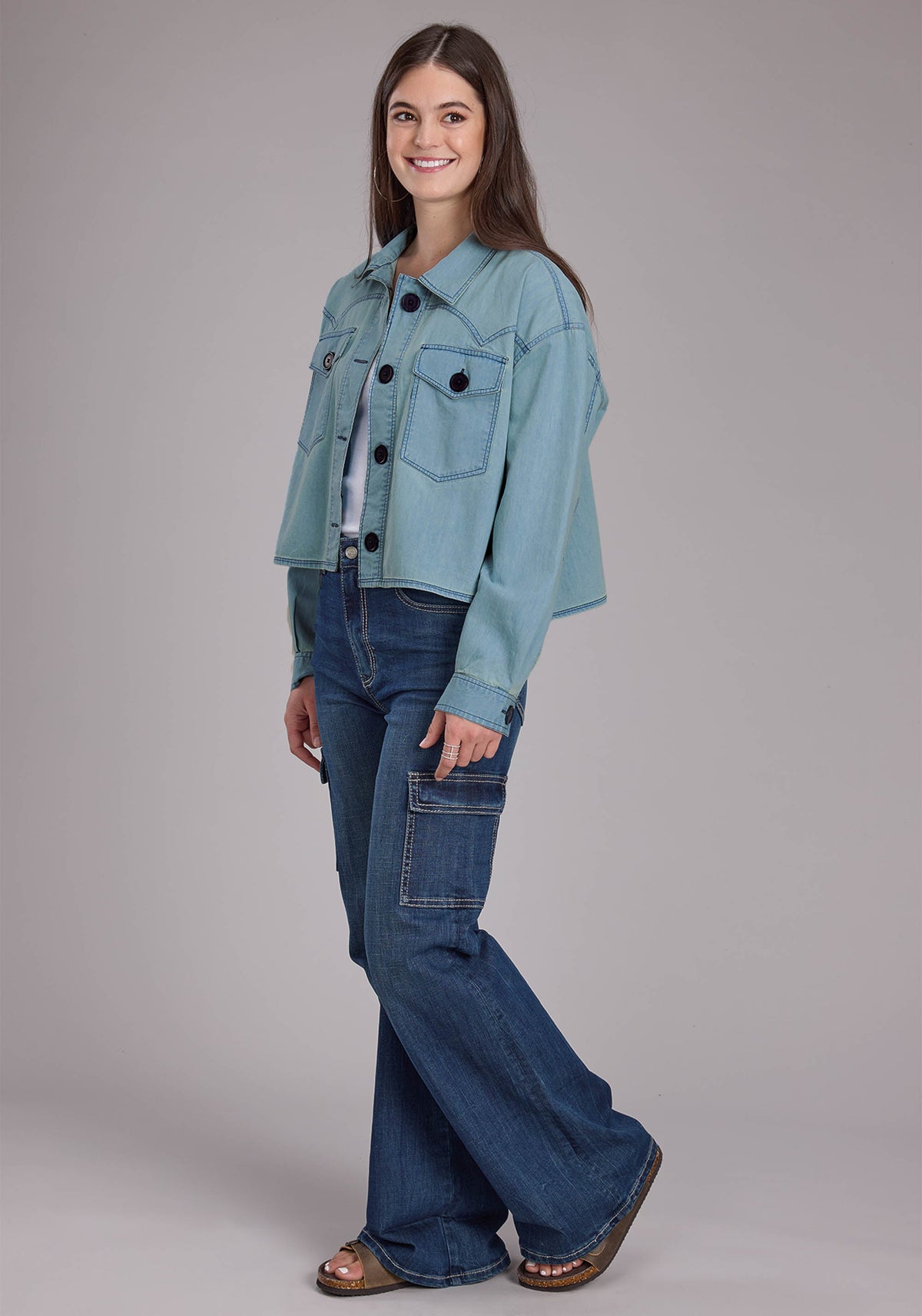 Roper Womens Light Blue Denim Button Jacket