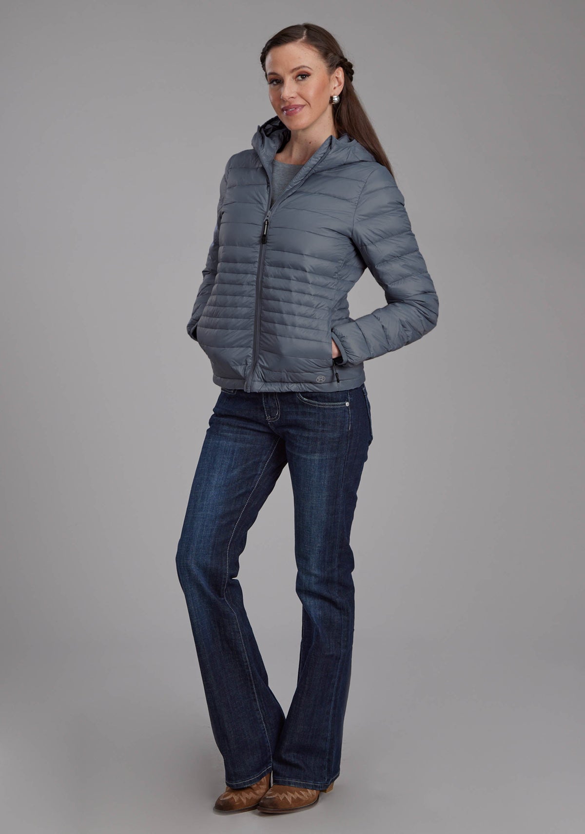 Roper Womens Silver Blue Down Proof Coated Zipper Jacket
