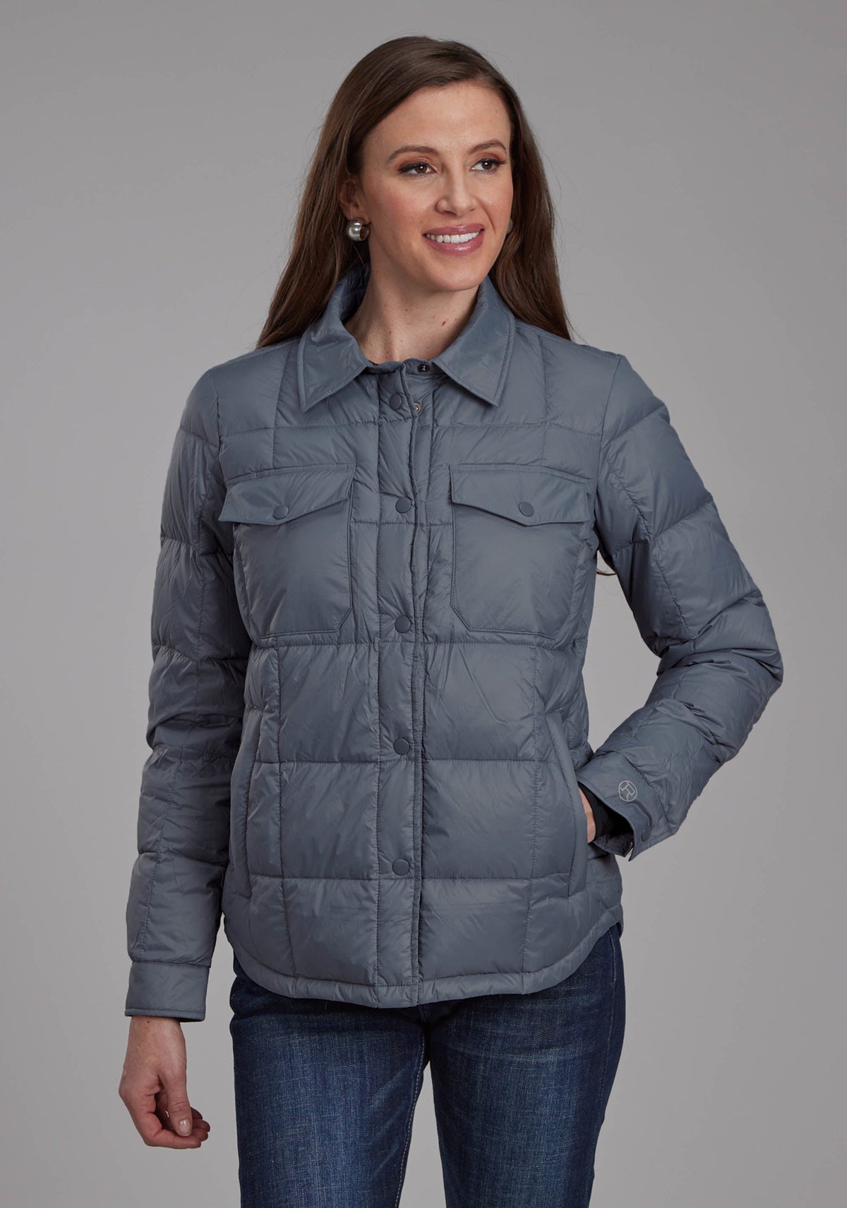Roper Womens Silver Blue Nylon Shirt Snap Jacket