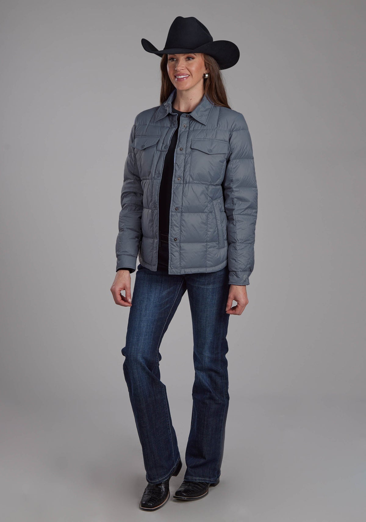 Roper Womens Silver Blue Nylon Shirt Snap Jacket