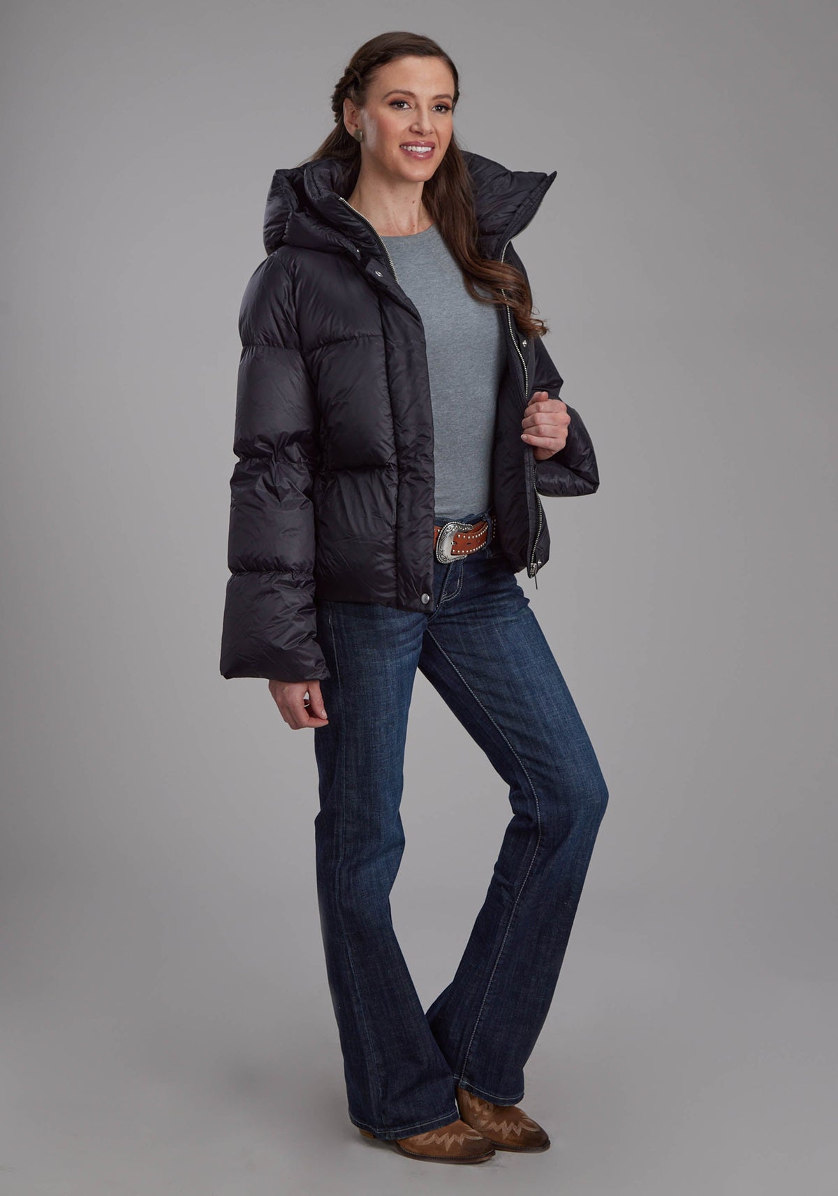 Roper Womens Black Nylon Down Puffer Coat Zipper Jacket