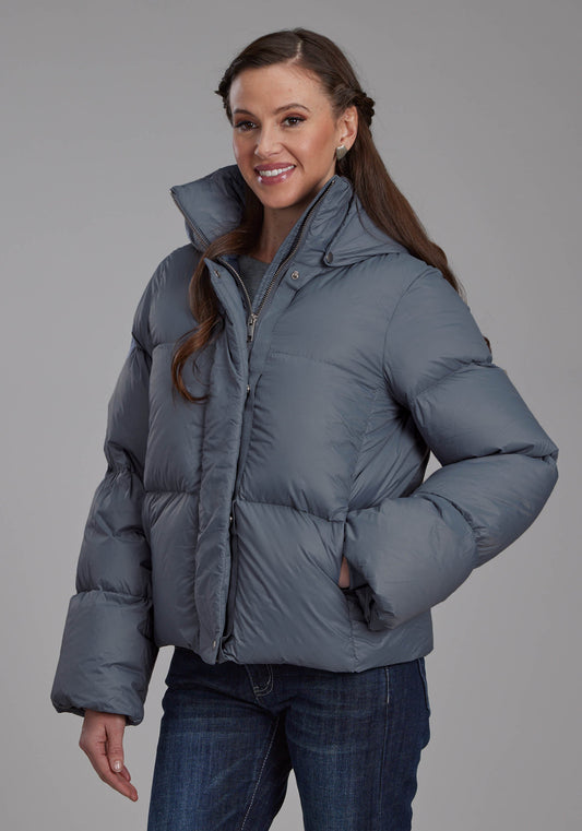 Roper Womens Silver Blue Nylon Dwn Puffer Coat Zipper Jacket