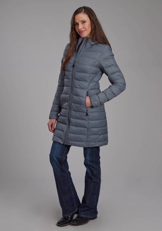 Roper Womens Silver Blue Down Proof Long Coat Zipper Jacket