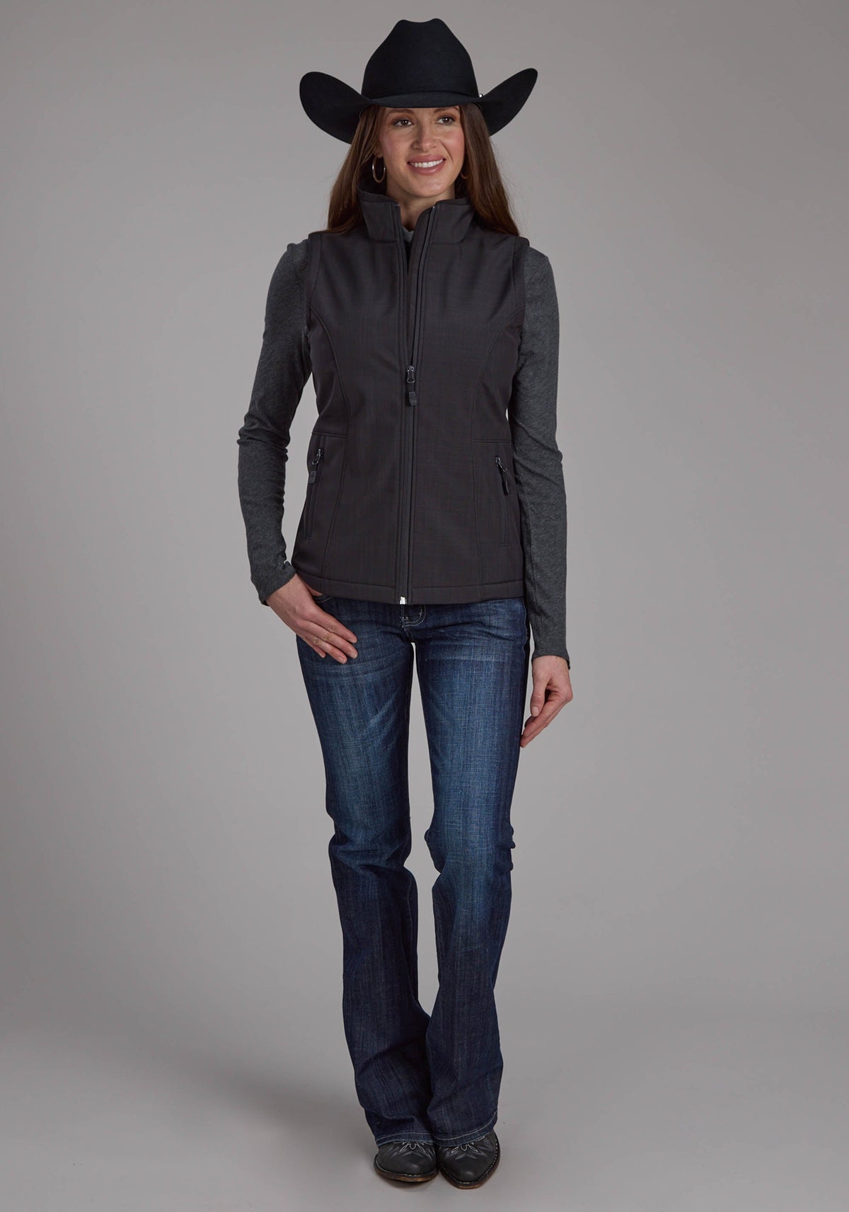 Roper Womens Charcoal Heather With Black Fleece Zipper Vest
