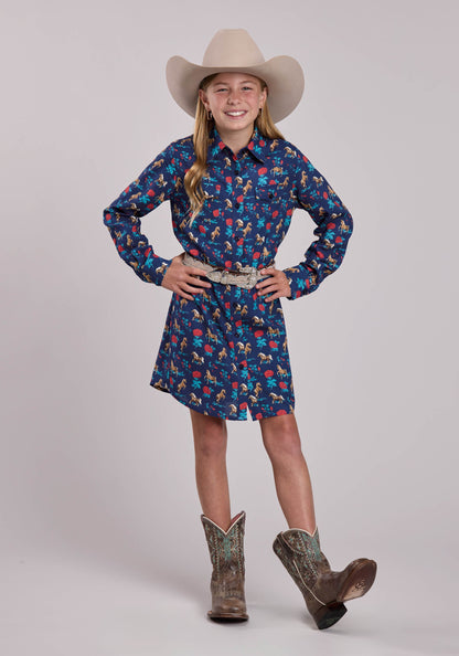 Roper Girls Roper Navy Roses Printed Rayon Long Sleeve Dress