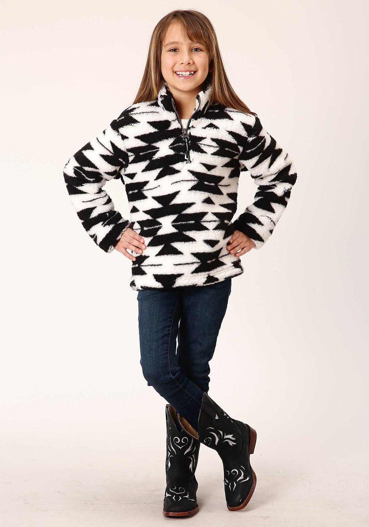 Roper Girls Womens  Black White Aztec Polar Fleece Pullover