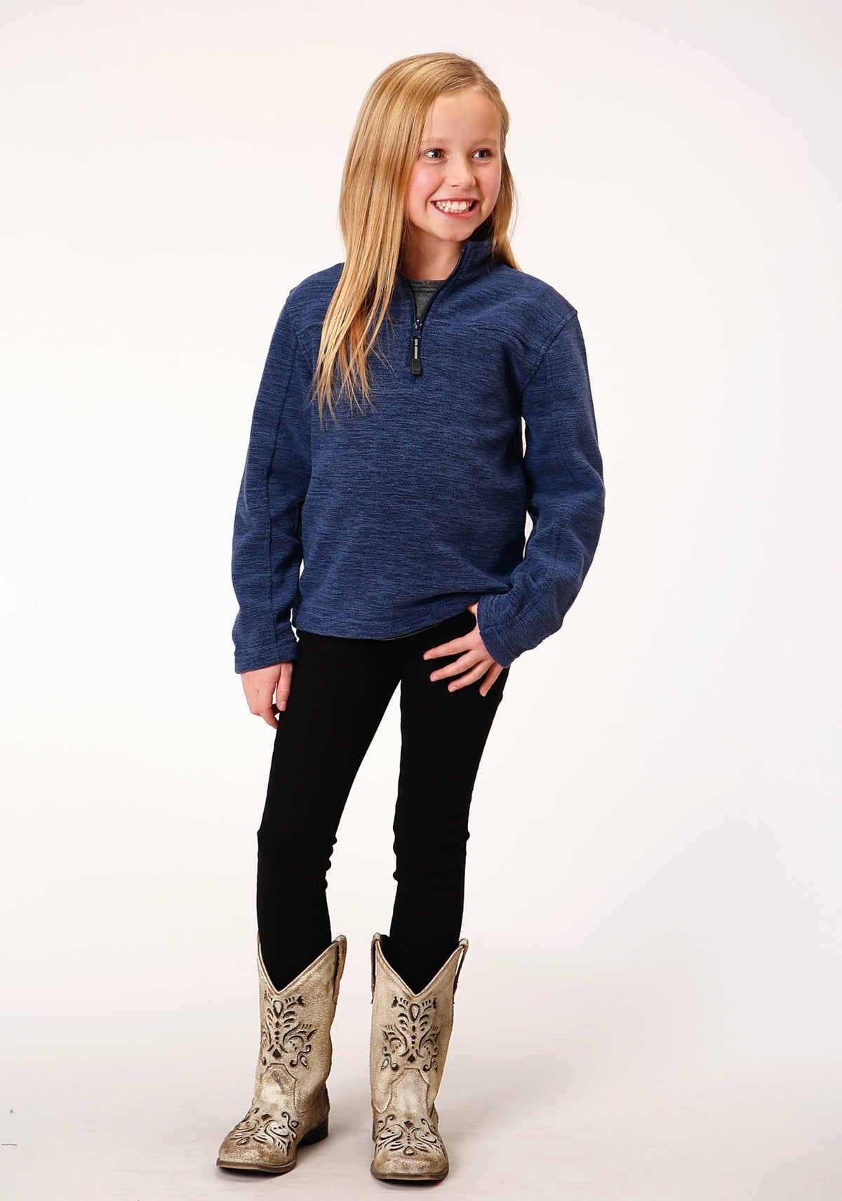 Roper Girls  Melange Navy Micro Polar Fleece Pullover
