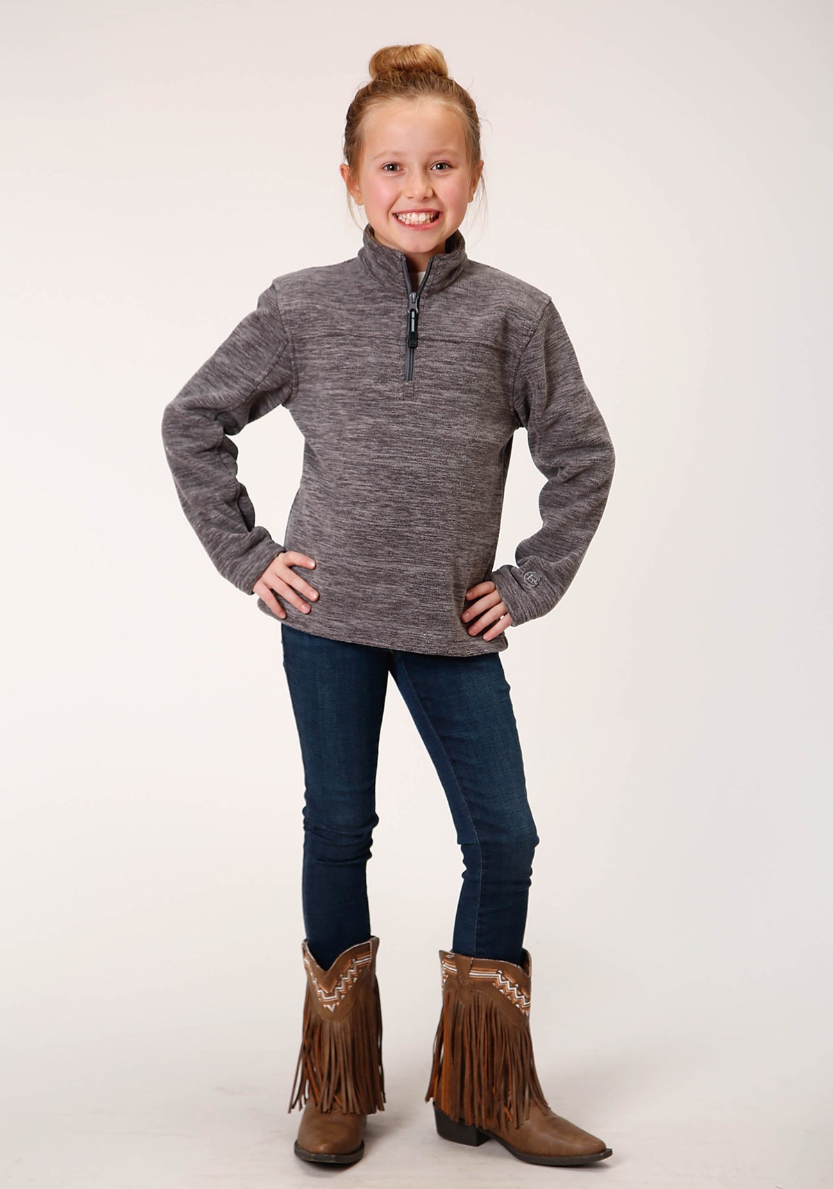 Roper Girls  Melange Grey Micro Polar Fleece Pullover