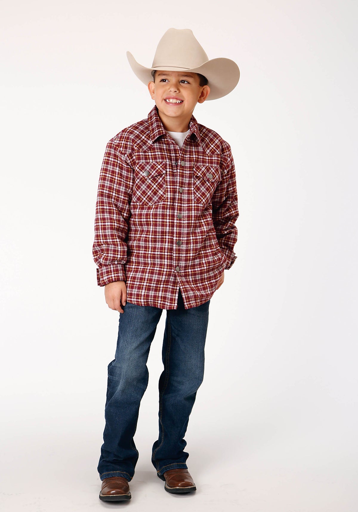 Roper Boys Long Sleeve Snap Cranberry Plaid Western Shirt Jacket