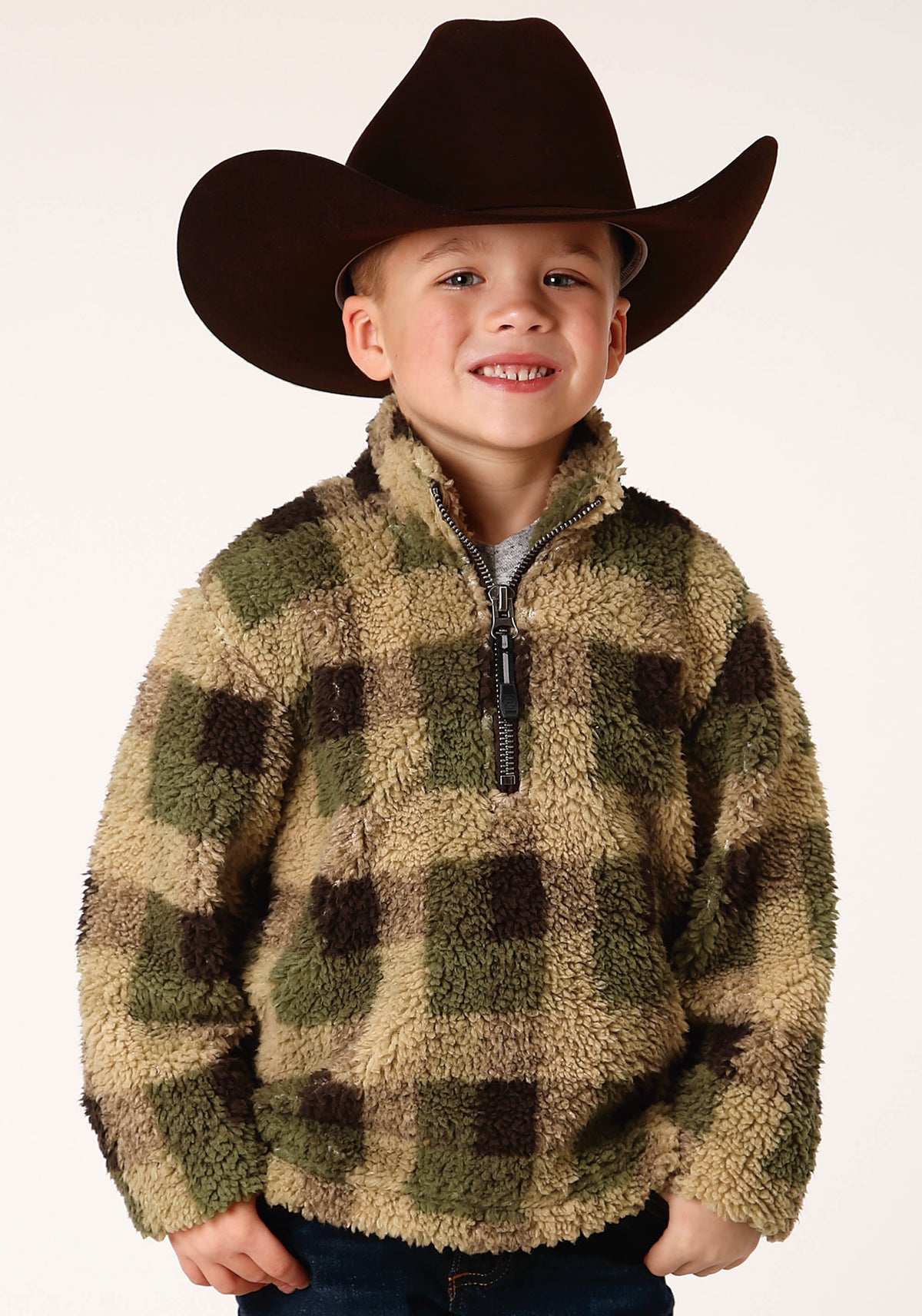Roper Boys Polar Fleece  Green Brown Check Print Pullover