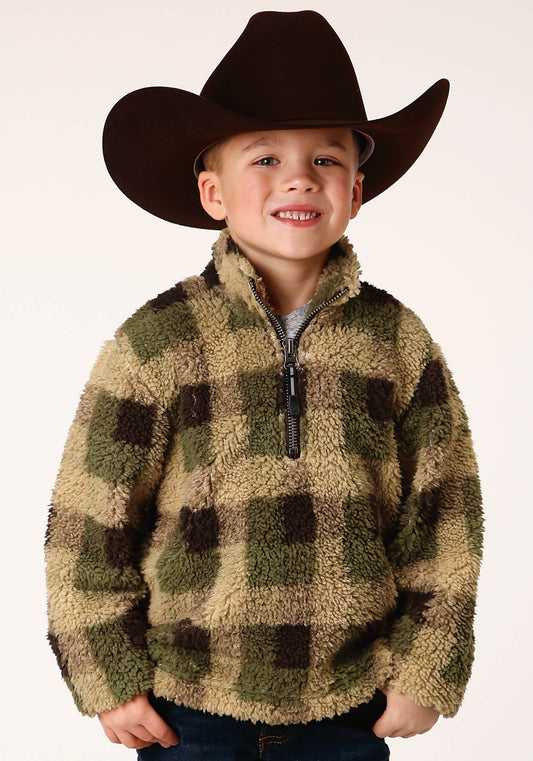 Roper Boys Polar Fleece  Green Brown Check Print Pullover