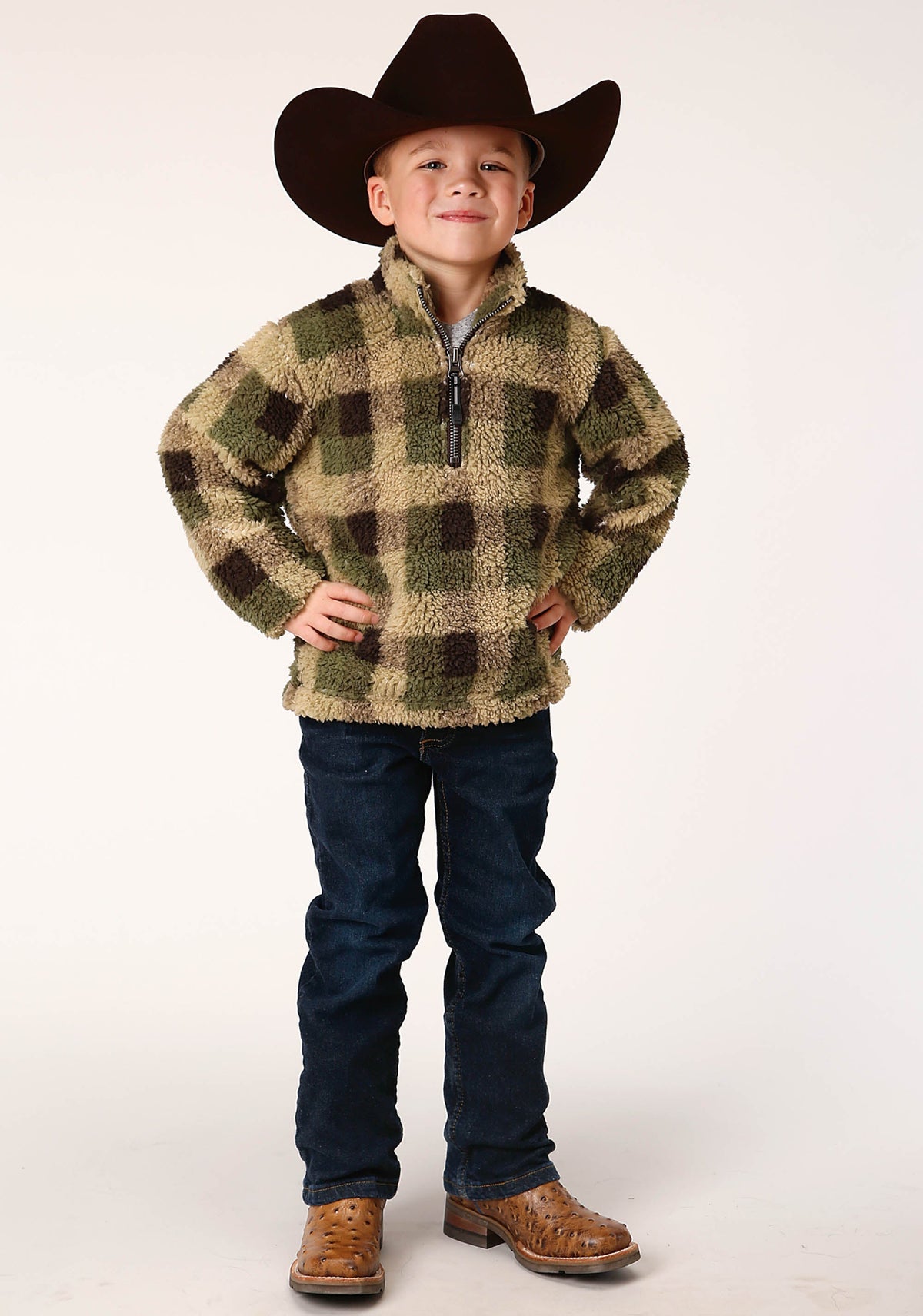 Roper Boys Polar Fleece  Green Brown Check Print Pullover