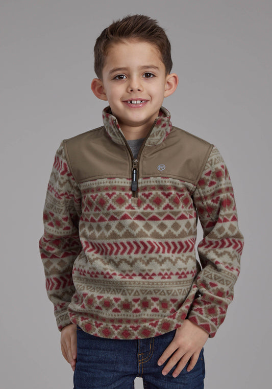 Roper Boys Red Olive Aztec Print Micro Fleece Zipper Jacket