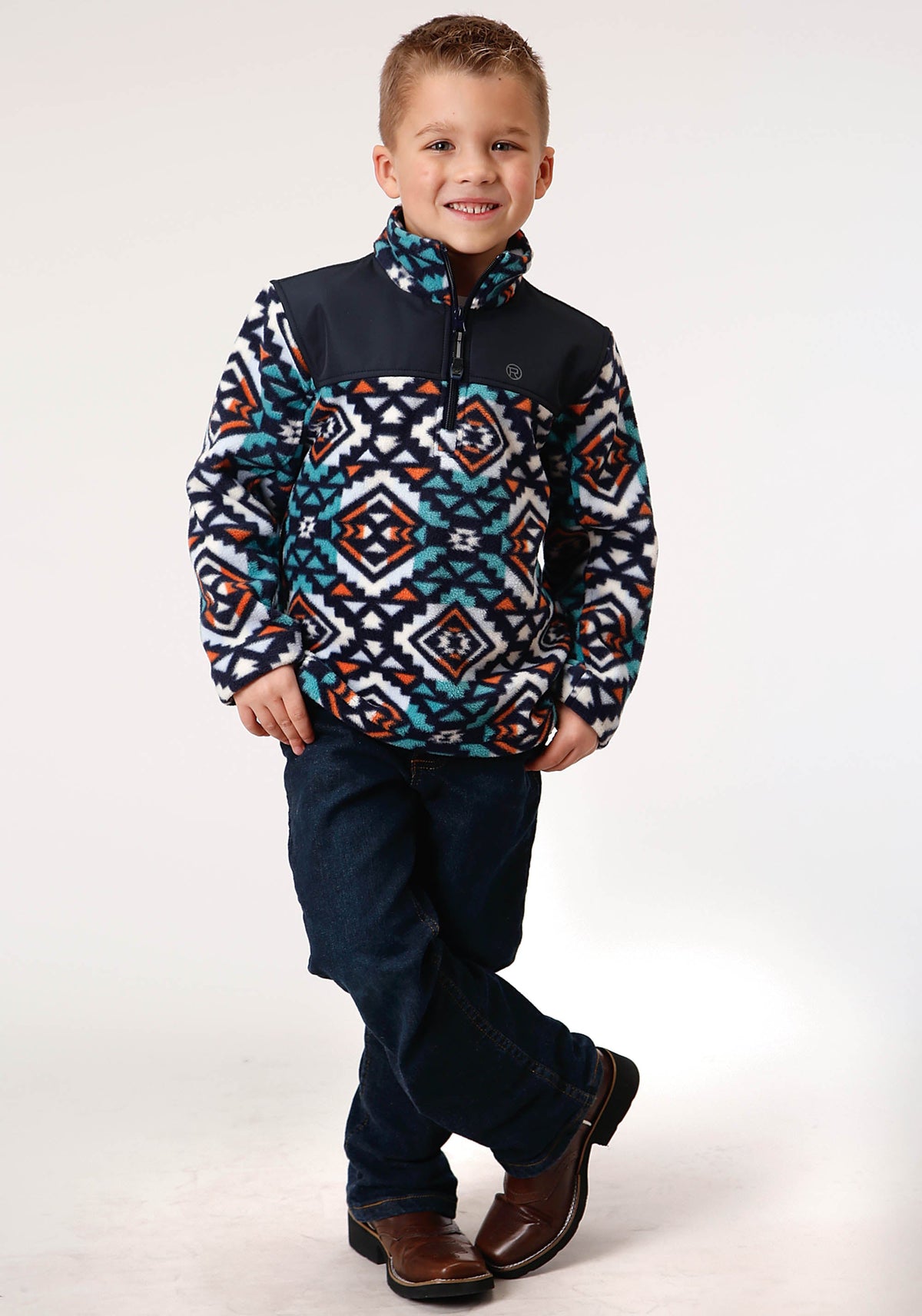 Roper Boys Polar Fleece  Navy Aztec Printed Pullover