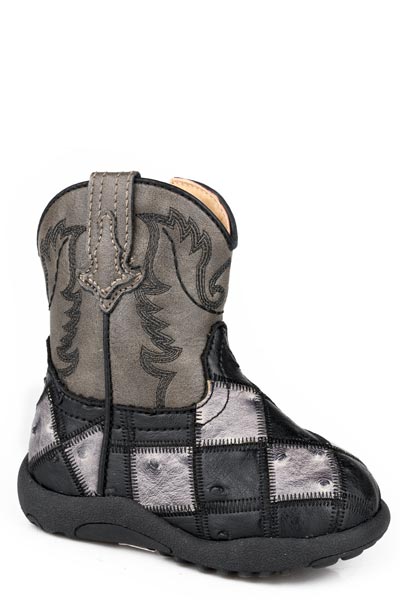 Roper Boys Roper Black  Grey Patchwork Ostrich Vamp Bird Blocks Boots