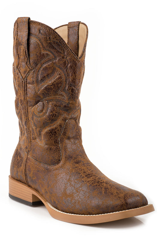 Roper Mens Cowboy Boot Vintage Faux Leather Brown Vamp With Brown Stitched Upper