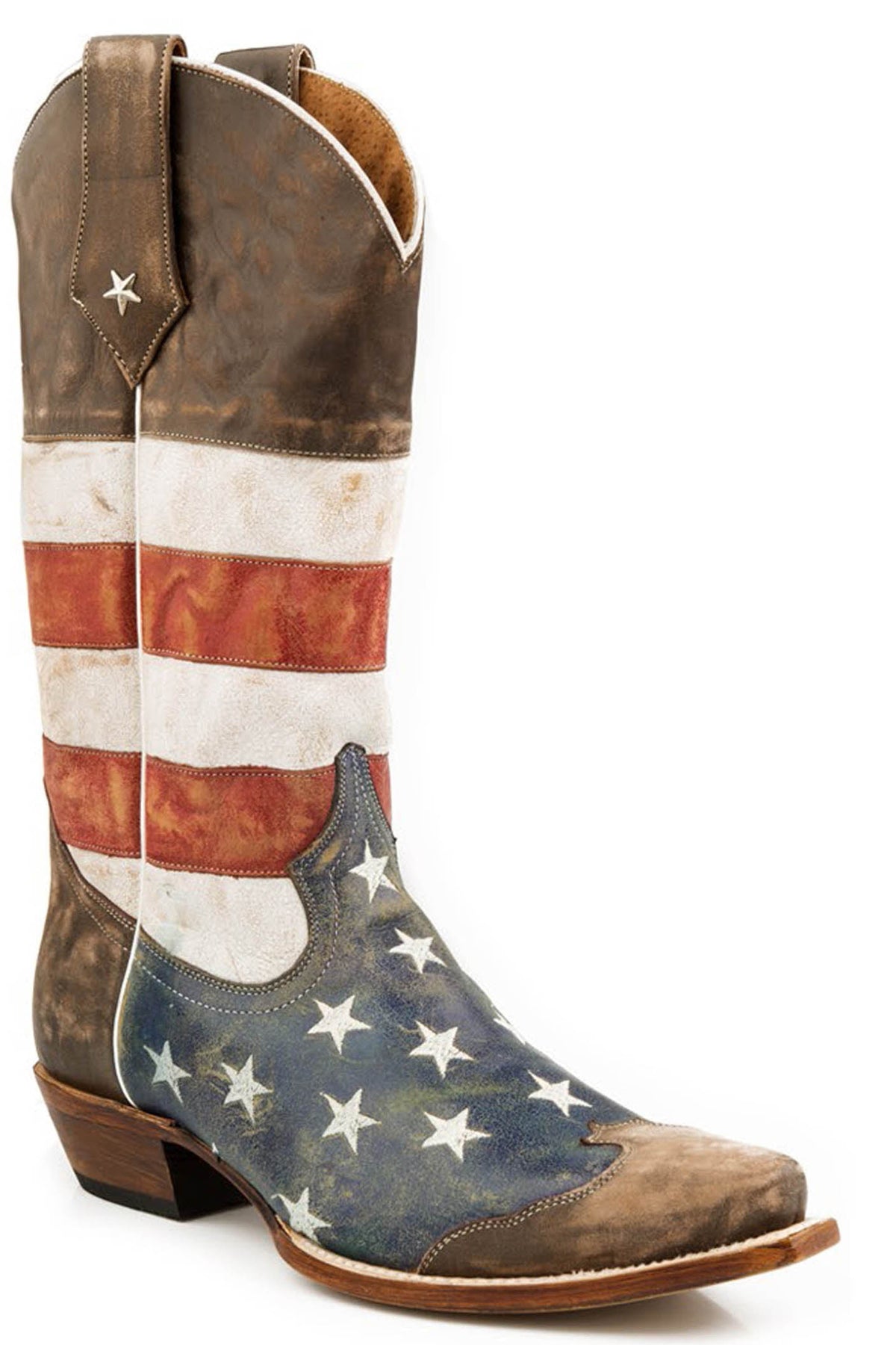 Roper Mens Leather Cowboy Boot American Flag Distressed Brown With Red White And