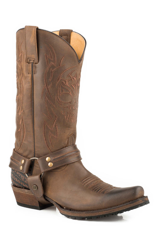 Roper Mens Leather Harness Boot Oiled Brown Vamp Embossed Bull Shoulder Heel Oile