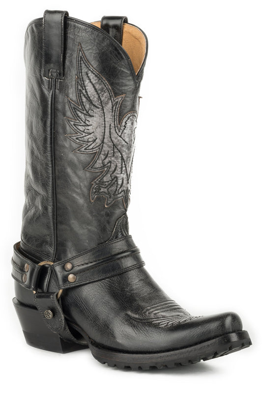 Roper Mens Leather Harness Boot All Black Polishable With Eagle Overlay On Upper