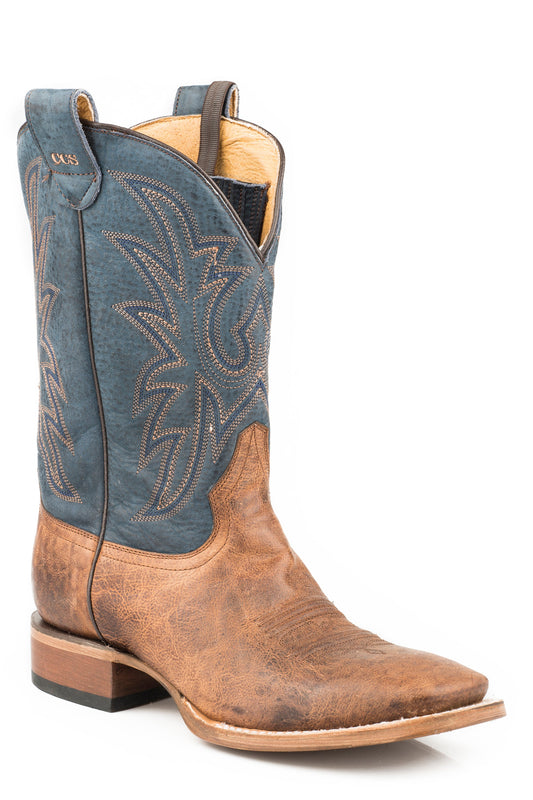 Roper Mens Leather Concealed Carry Boot Burnished Tan Vamp With Blue Embroidered