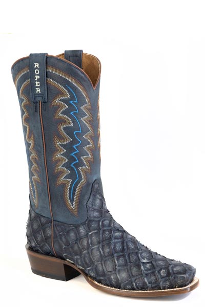 Roper Mens Roper Vintage Blue Embossed Pirarucu Vamp Big Fish Blue Boots