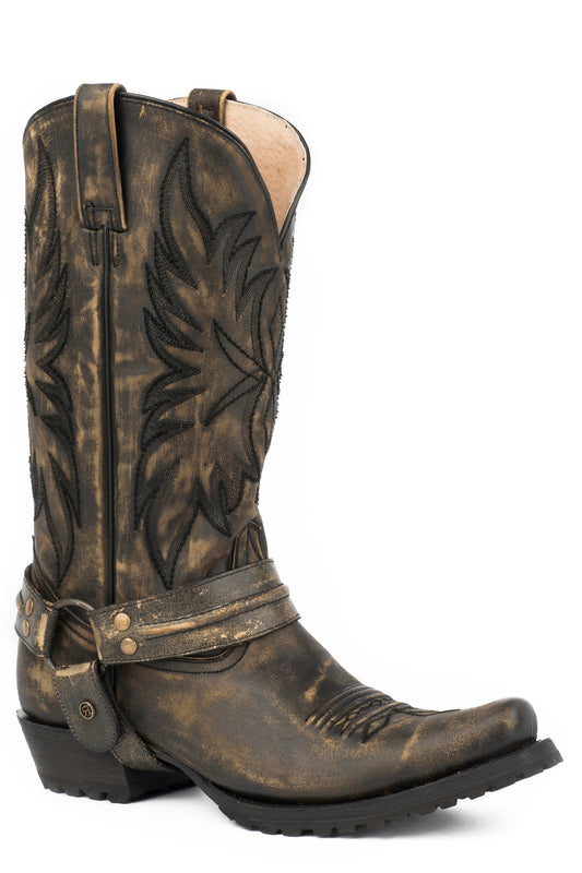 Roper Mens Vintage Black Vamp  Shaft  Bandit Toe Boot With Harness