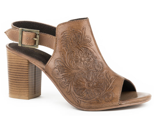 Roper Womens Fashion Mule Beige Floral Tooled Leather With Open Toe And Back Stra