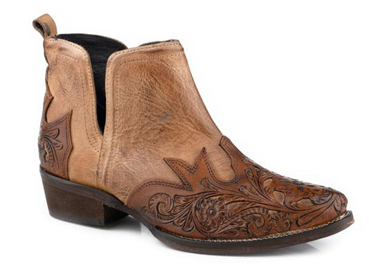 Roper Womens Snip Toe Tan Burnished With Tooling