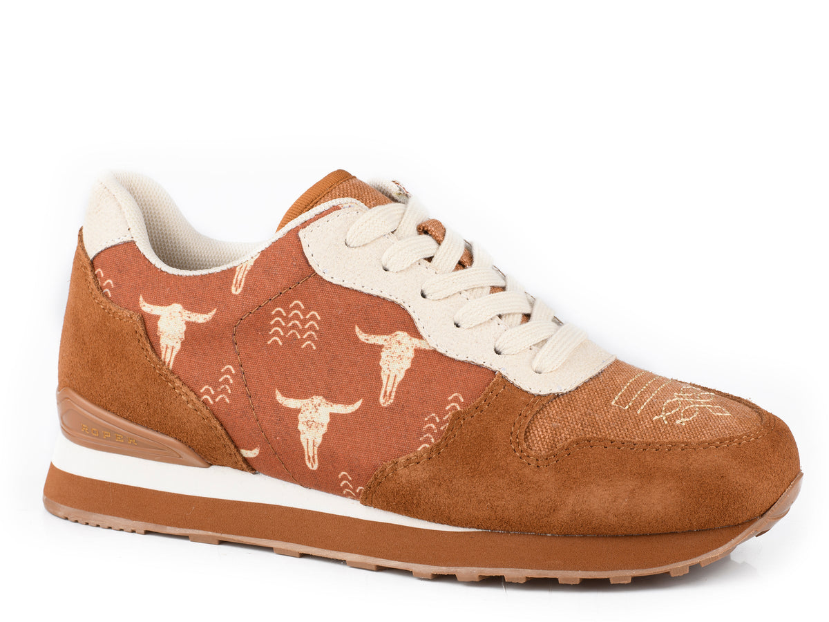 Roper Womens Cognac Cow Suede And Printed Canvas