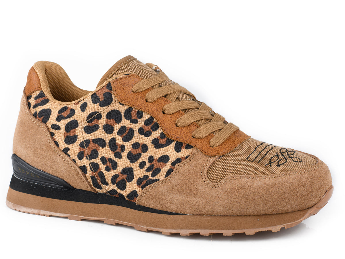 Roper Womens Tan Cow Suede And Leopard Canvas