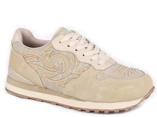 Roper Womens Roper Creme Cow Suede And Western Stitch Giddyup Spice Shoes