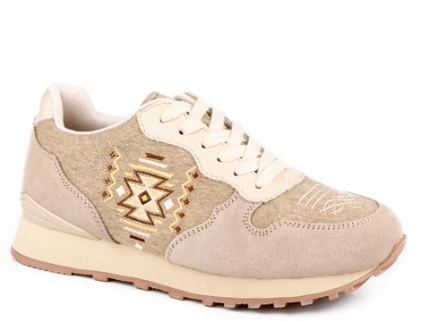 Roper Womens Roper Taupe Cow Suede And Aztec Embroidery Giddyup Shoe